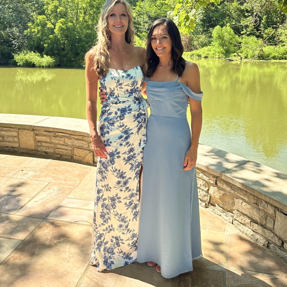 Amara Satin Floral Dress in dusty blue bouquet